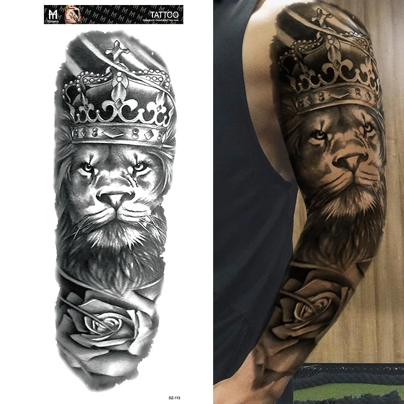 Sdrawing Arm Temporary Tattoo Wolf Lion Fish Horns Geometric Man Body Leg Rose Flower Phoenix Waterproof Sticker Cool Women Tatoo