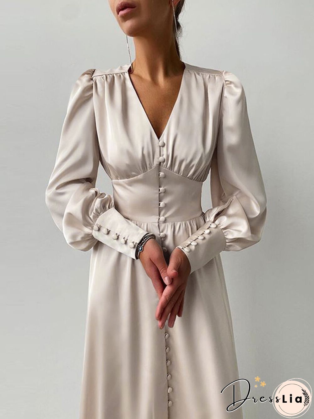 Solid Color Patchwork Puff Sleeves V-neck Satin Casual Dress