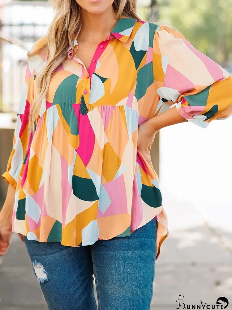 Colorful Artistic Geometric Print Button-Up Boho Blouse