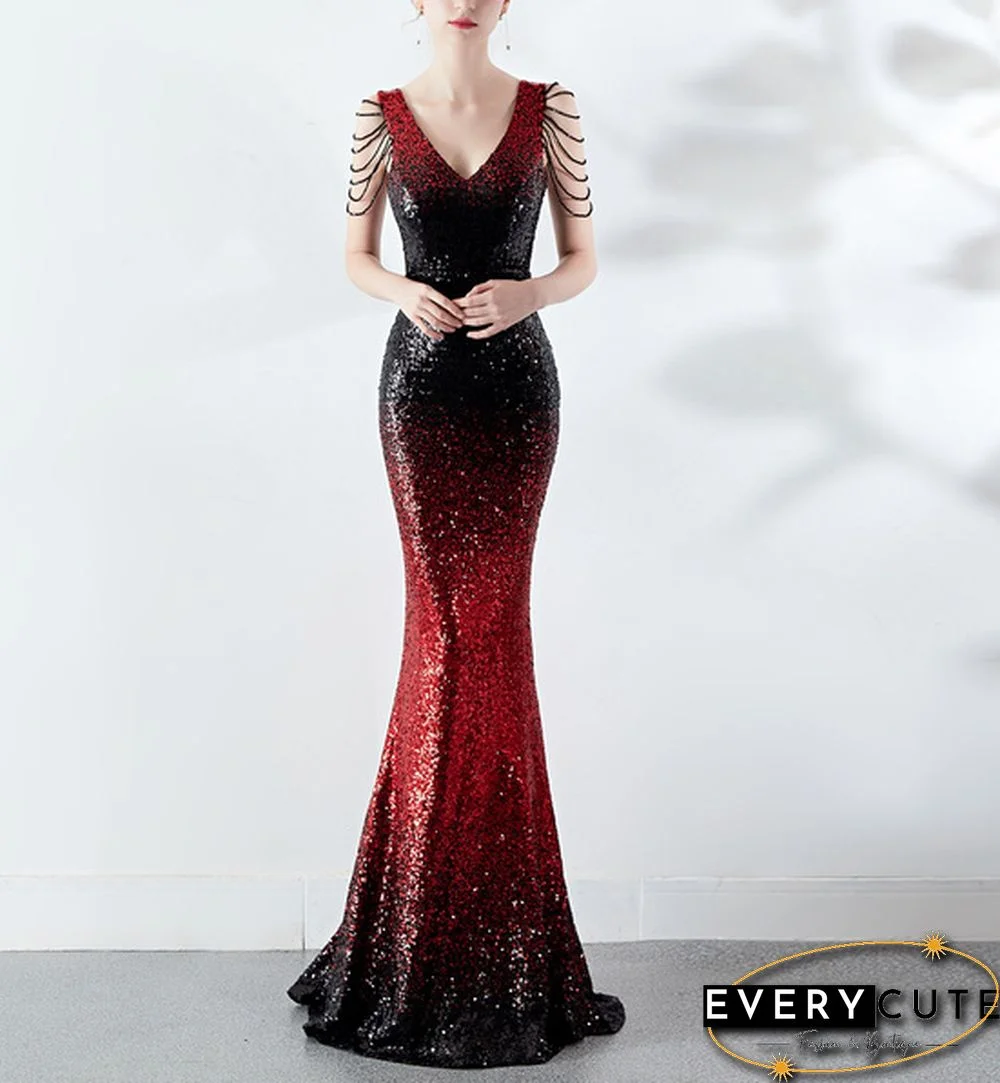 6 Colors Sexy Sequined Evening Party Gowns Women's Deep V Neck Floor-length Cocktail Dress Slim Mermaid Prom Dresses
