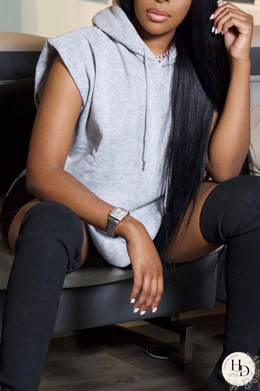 Black Casual Simplicity Solid Draw String Slit Hooded Collar Tops