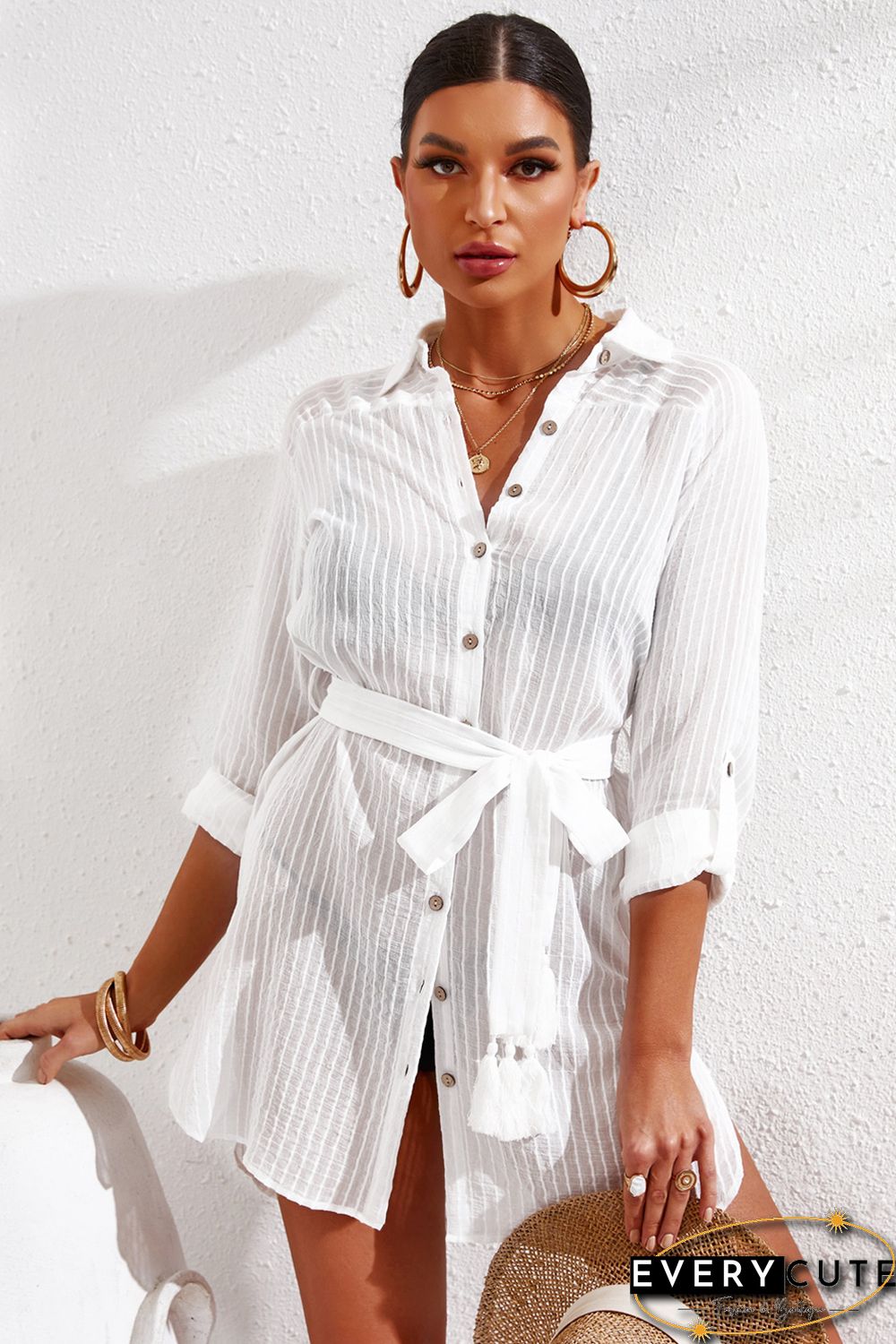 White Striped Shirt Dress Beach Cover up with Belt