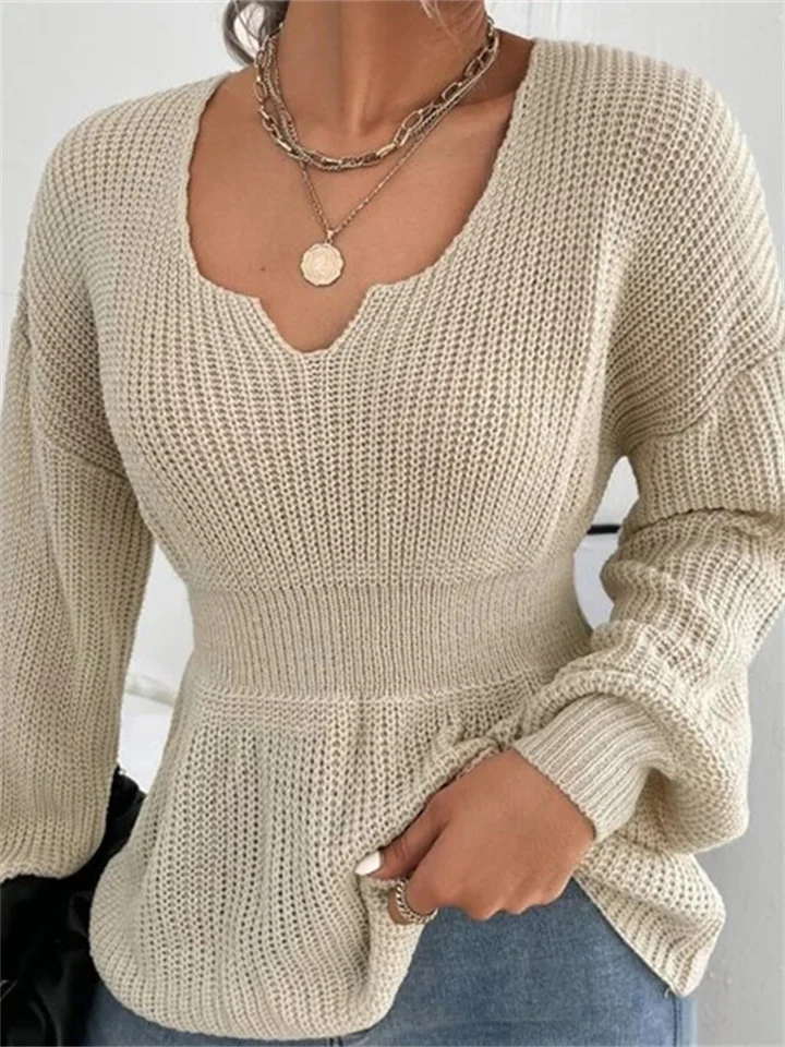 New Sweater Women's Fashion V-neck Slim-type Pullover Solid Color Long-sleeved Ruffled Waist Women's Shirt-Mixcun