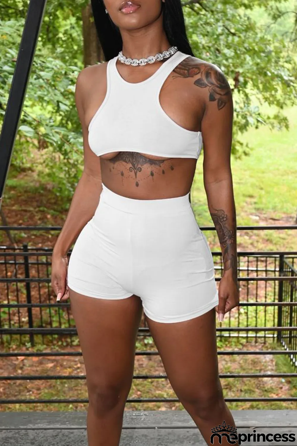 White Sexy Solid Patchwork Sleeveless Two Pieces