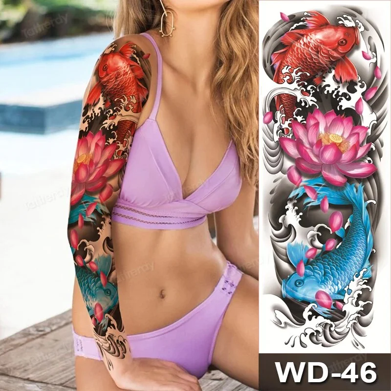 Sdrawing Size Leg Thigh Temporary Tattoo Stickers Full Arm Sleeve Wolf Carp Fox Peony Flower Fake Tattoo Sleeves Sexy Body Painting