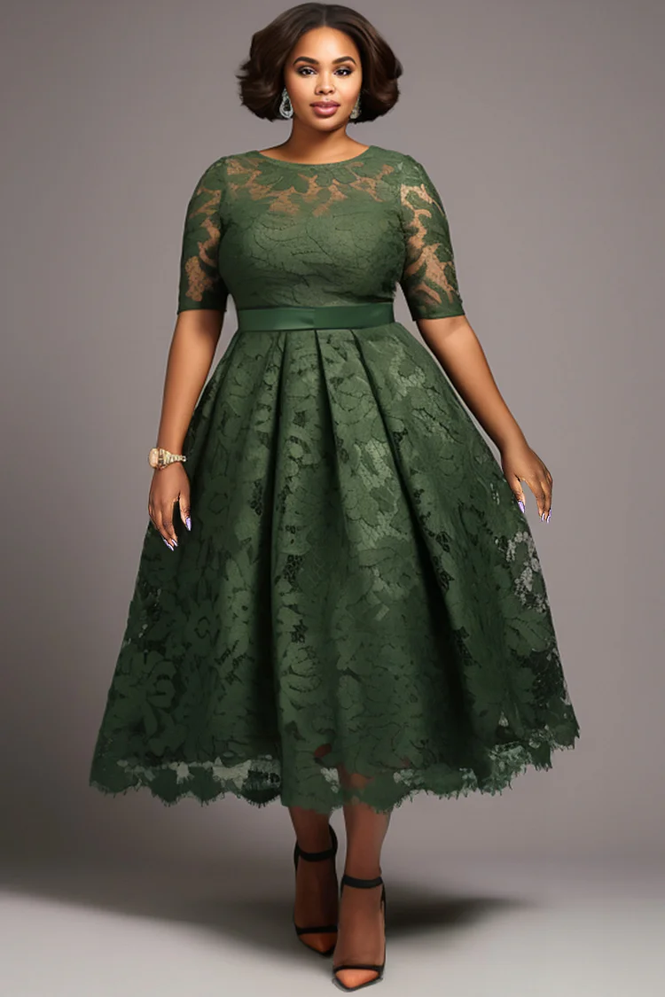 Xpluswear Design Plus Size Mother Of The Bride Green Elegant Round Neck Short Sleeve Lace Midi Dresses [Pre-Order] 2024 - Xpluswear
