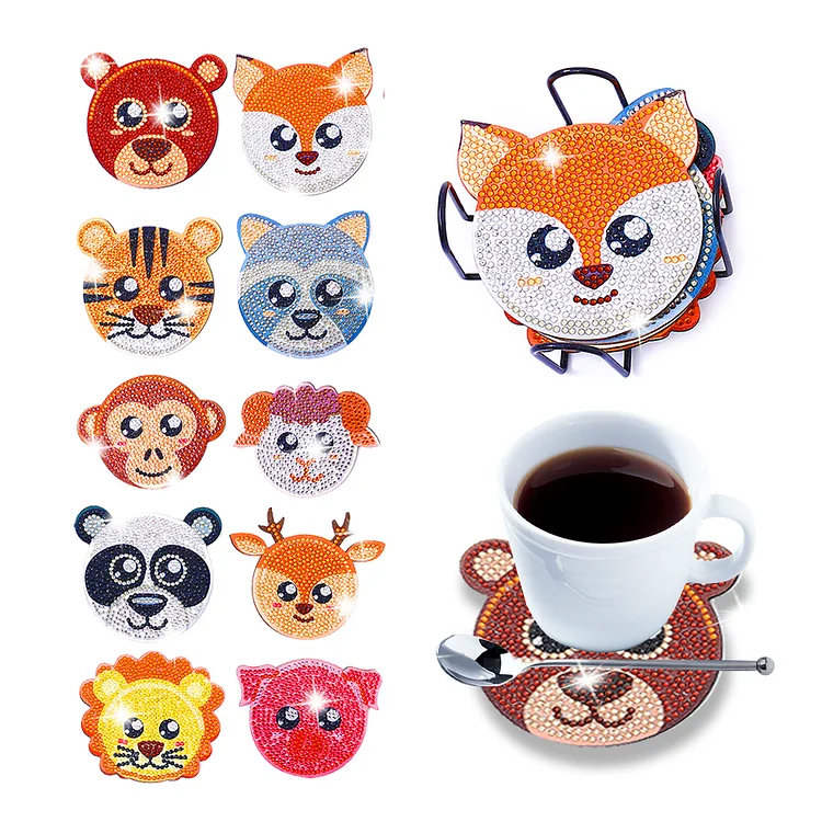 10pcs Cork Coasters Creative DIY Cup Coasters with Holder for Table Home Decor(Cartoon Animals) gbfke