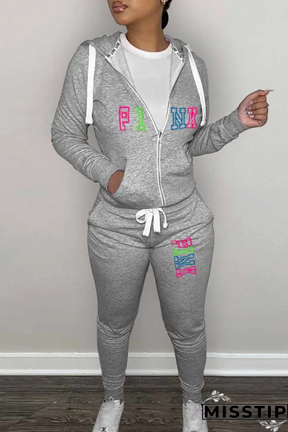 Black Casual Print Letter Hooded Collar Long Sleeve Two Pieces