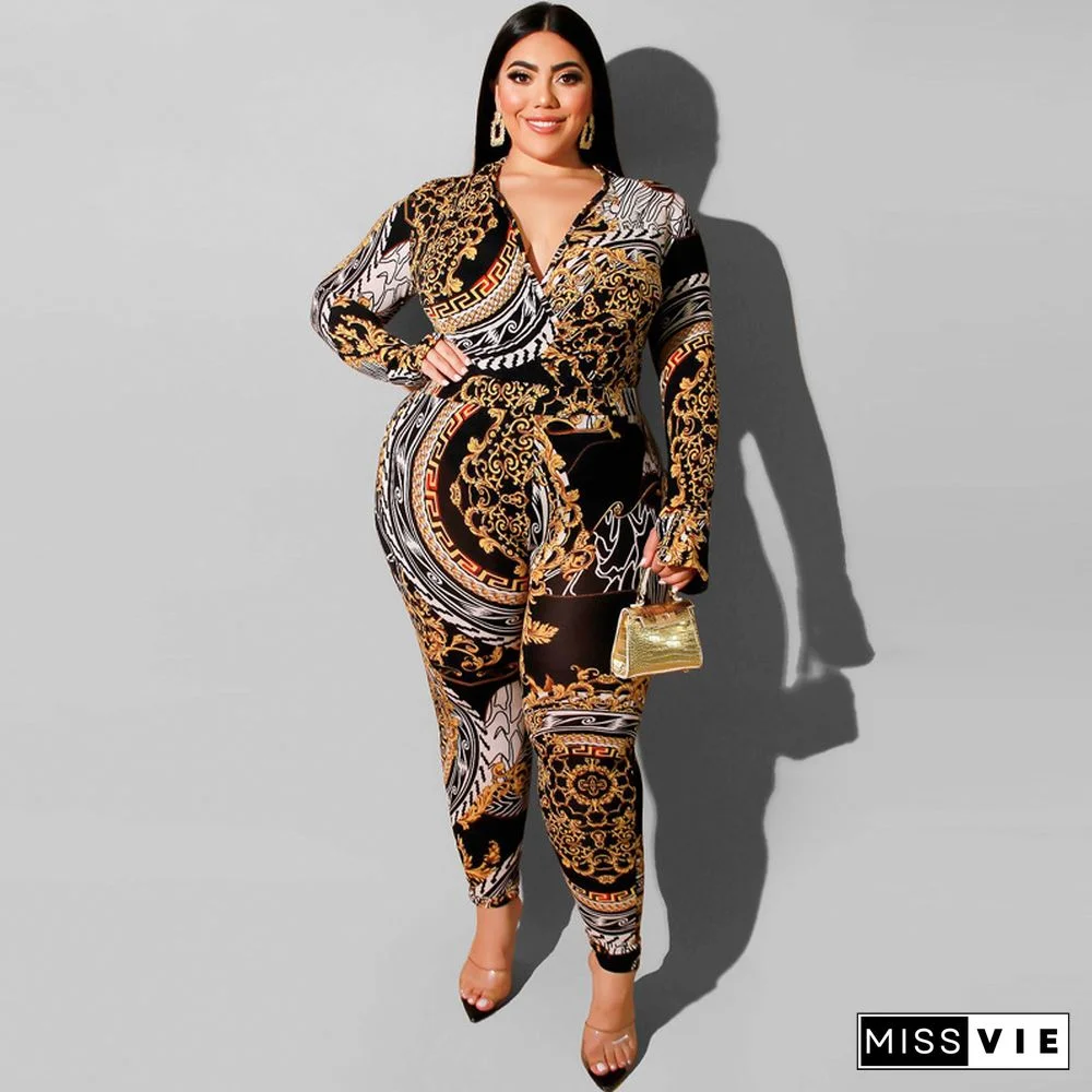 Stylish Printed Deep V Skinny Plus Size Jumpsuit