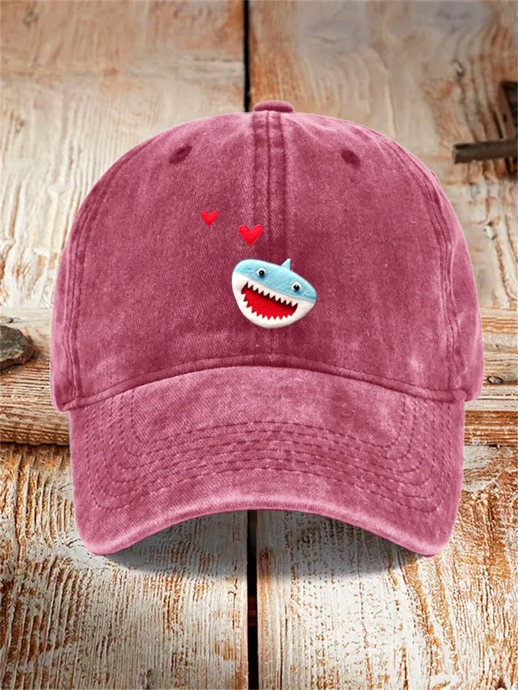 Valentine's Gift Couple Love Shark Print Washed Cotton Baseball Cap