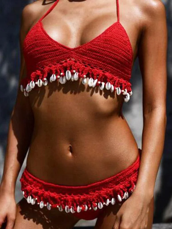 Sexy Spaghetti-Neck Crochet Seashells Bikini Swimsuit