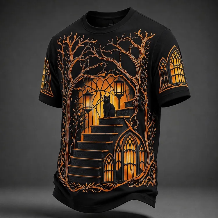 Men's Retro Halloween Castle And Black Cat Pattern Casual T-shirt