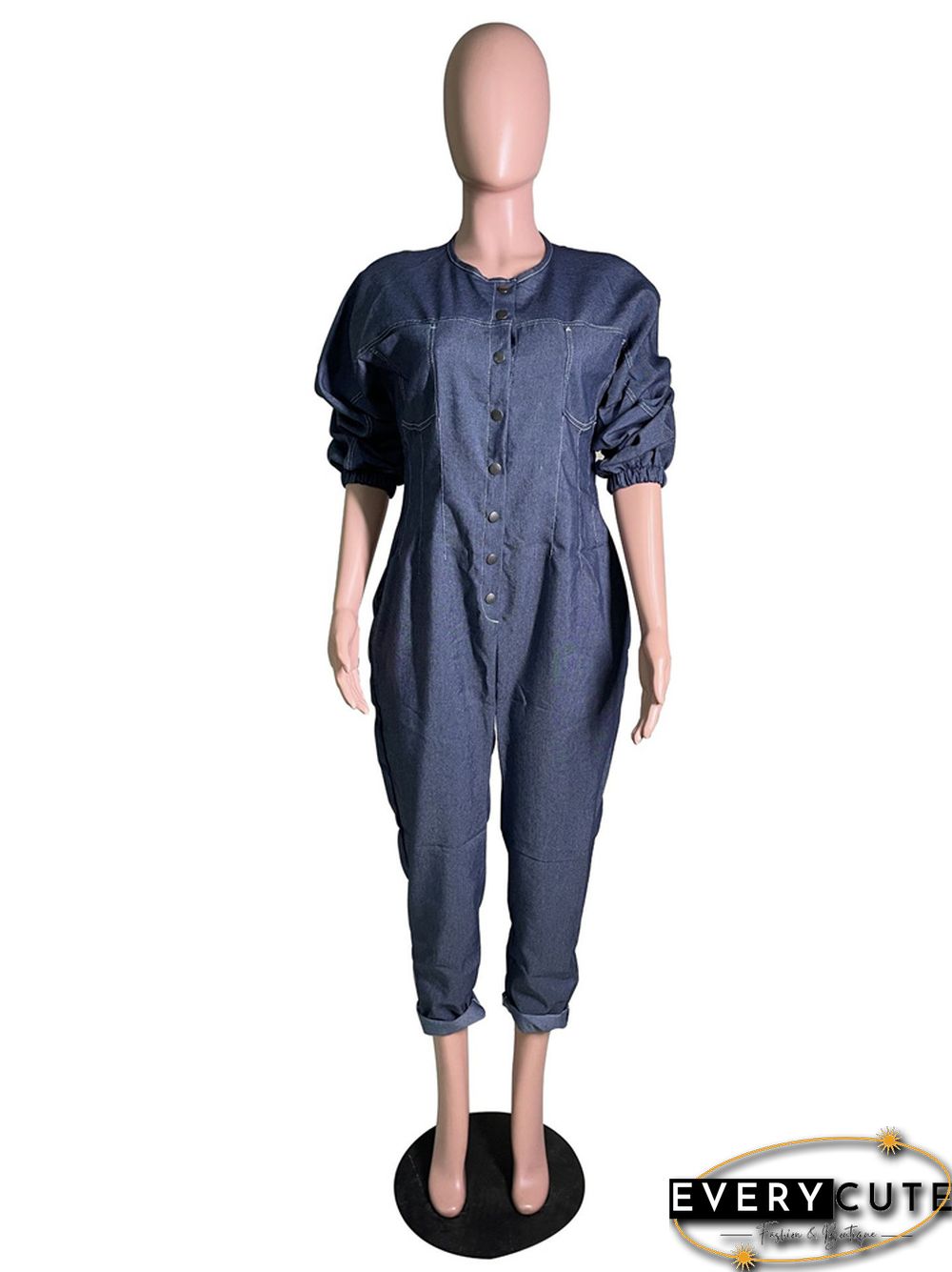 Long Sleeve Pocket Button Loose Denim Jumpsuit