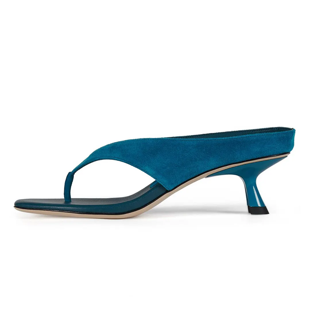 Blue Vegan Suede Patchwork Flip Flop Open Toe Spool Heeled Mules