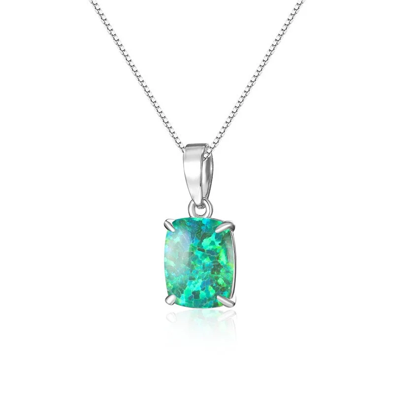 Cute Female Square Stone Pendant Necklace Rainbow Opal Birthstone Necklace Trendy Silver Color Chain Necklaces For Women