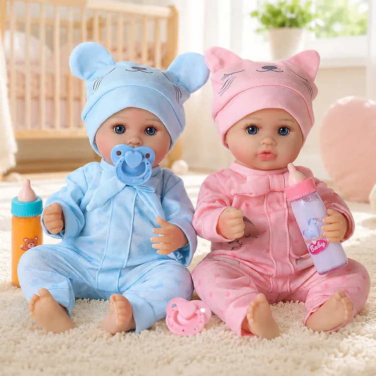 Babeside Double Joy Riley 12" Twin Reborn Baby Dolls Boy & Girl in Pink and Blue Bear Hooded Outfits