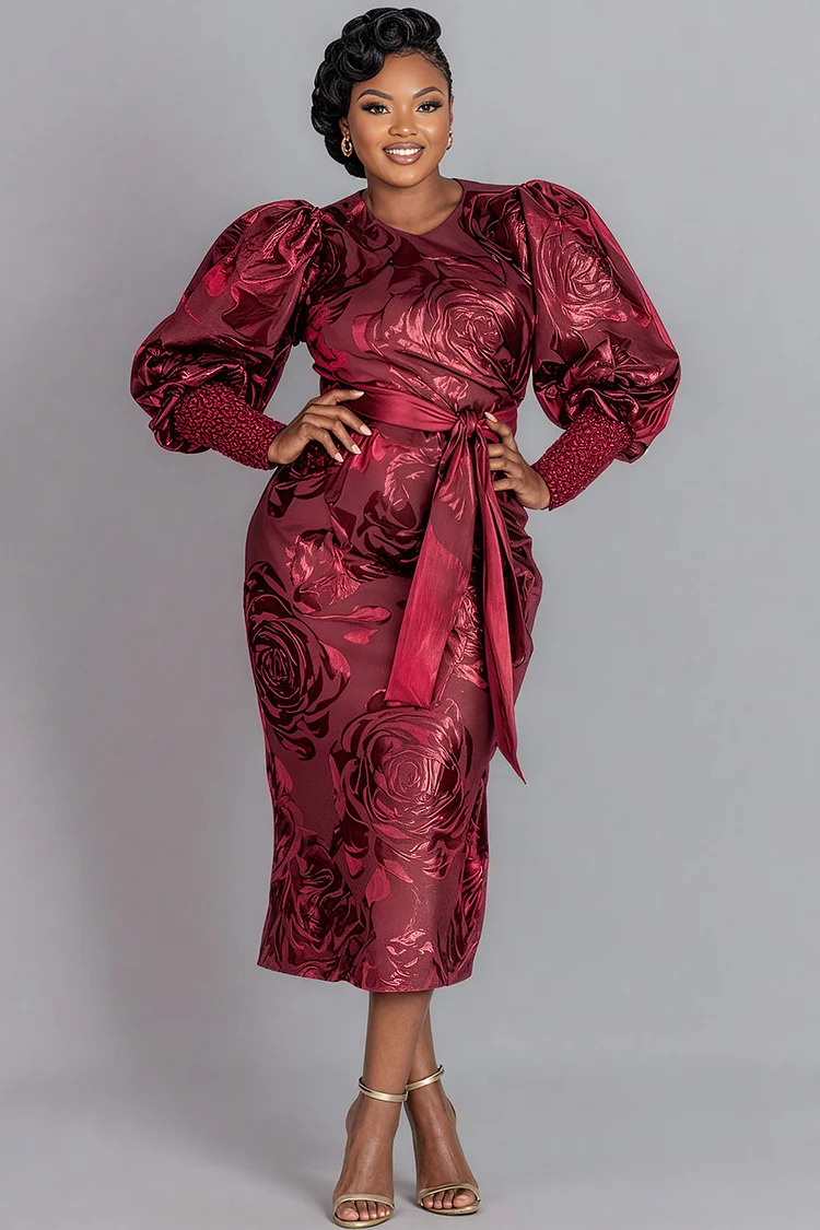 Xpluswear Design Plus Size Cocktail Party Red Floral Round Neck Lantern Sleeve Long Sleeve Wrap Elegant Split Midi Dresses 2024 - Xpluswear