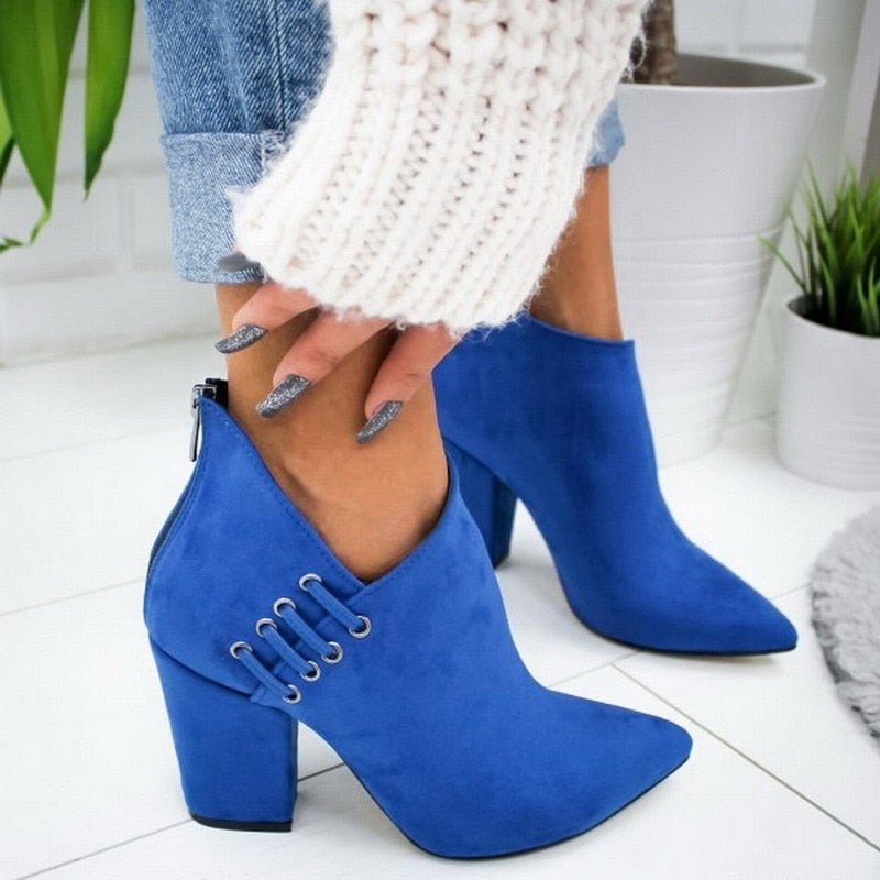 Woman Boots Pointed High Heels Shoes Solid Color Leather Ankle Boots Female Boots Fashion Thick Heel Back Zipper Women Shoes