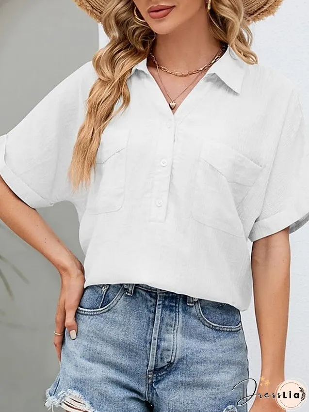Blouse Pocket Loose Solid / Plain Color Basic Shirt Collar Roll Sleeves Summer Black White Pink Sky Blue for Women