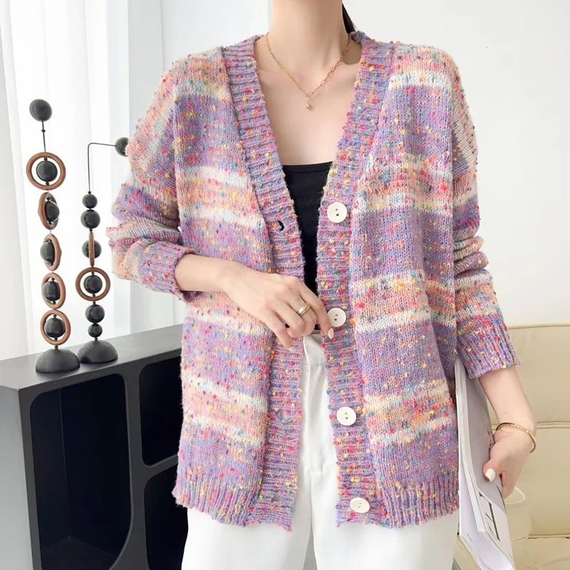 Ueong Ueong 2023 New Color Dot Stripe Contrast Color Design Sense Knit Cardigan Loose V-Neck Lazy Sweater Coat