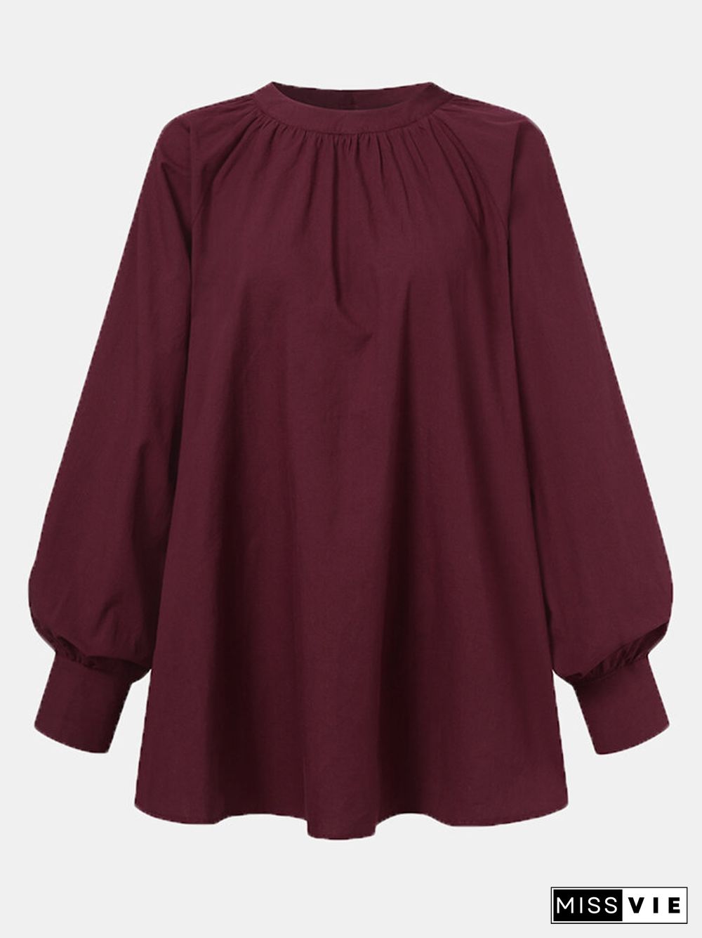 Solid Color Puff Sleeve Stand Collar Blouse