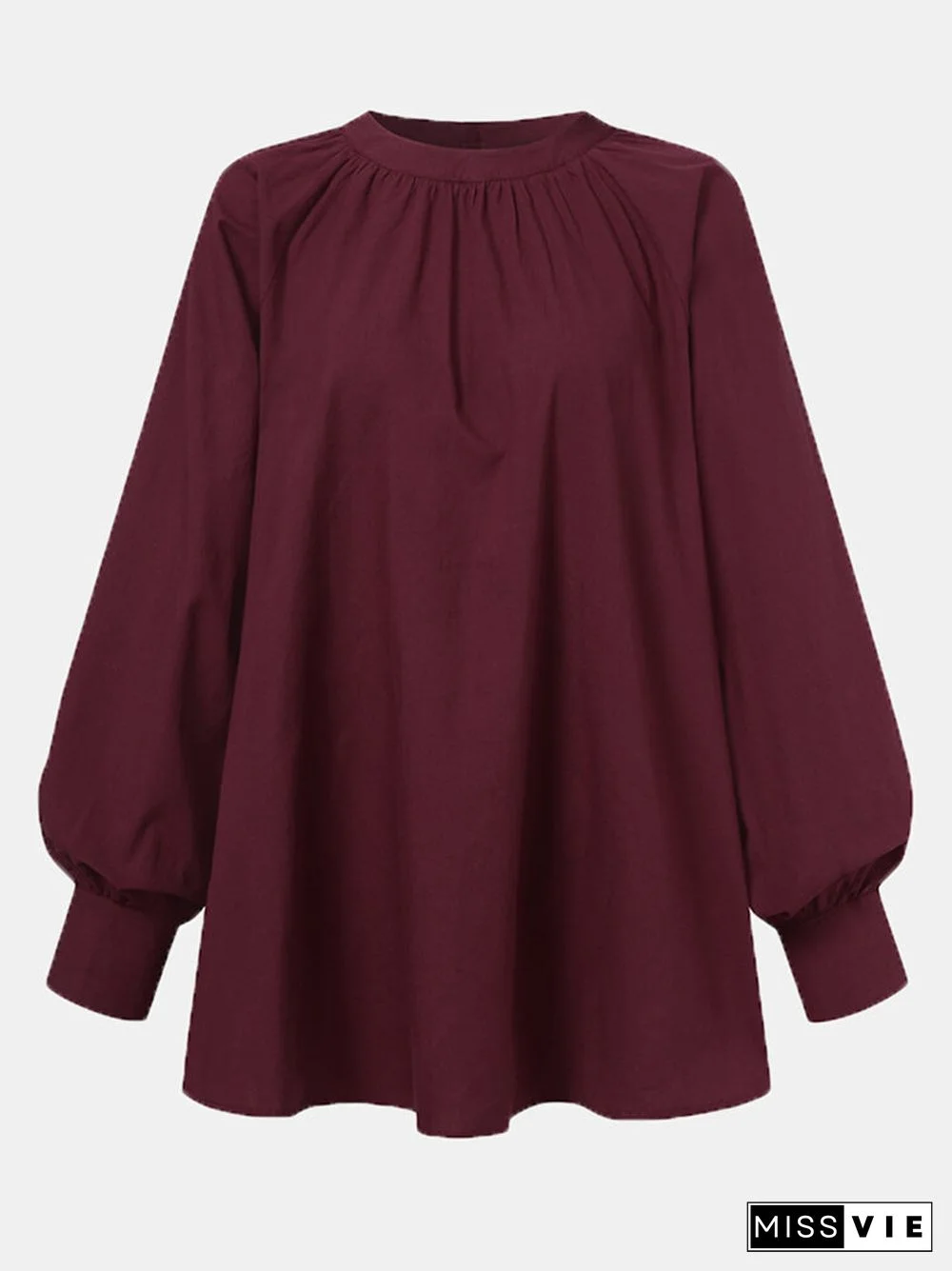 Solid Color Puff Sleeve Stand Collar Blouse