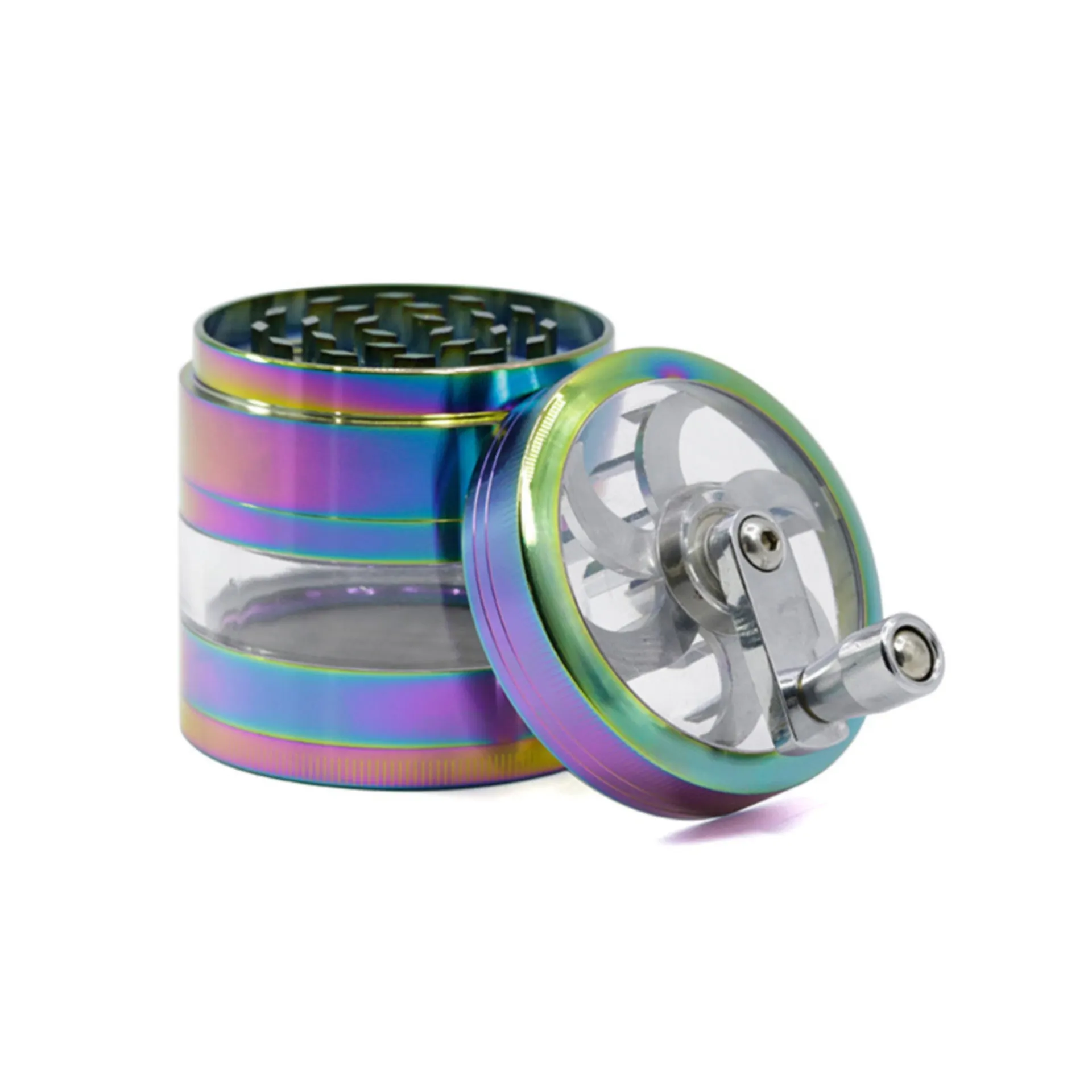4 Parts Zinc Alloy 63MM Transparent Window Hand Crank Herb Grinder-Iceblue Rainbow Color