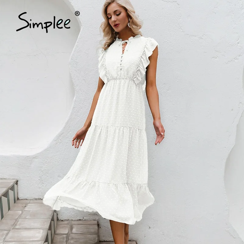 Simplee Summer Loose Casual Ruffled Women's Dress 2021 Holiday Beach Green Buttoned Long Dress Elegant Lady Sleeveless Vestidos