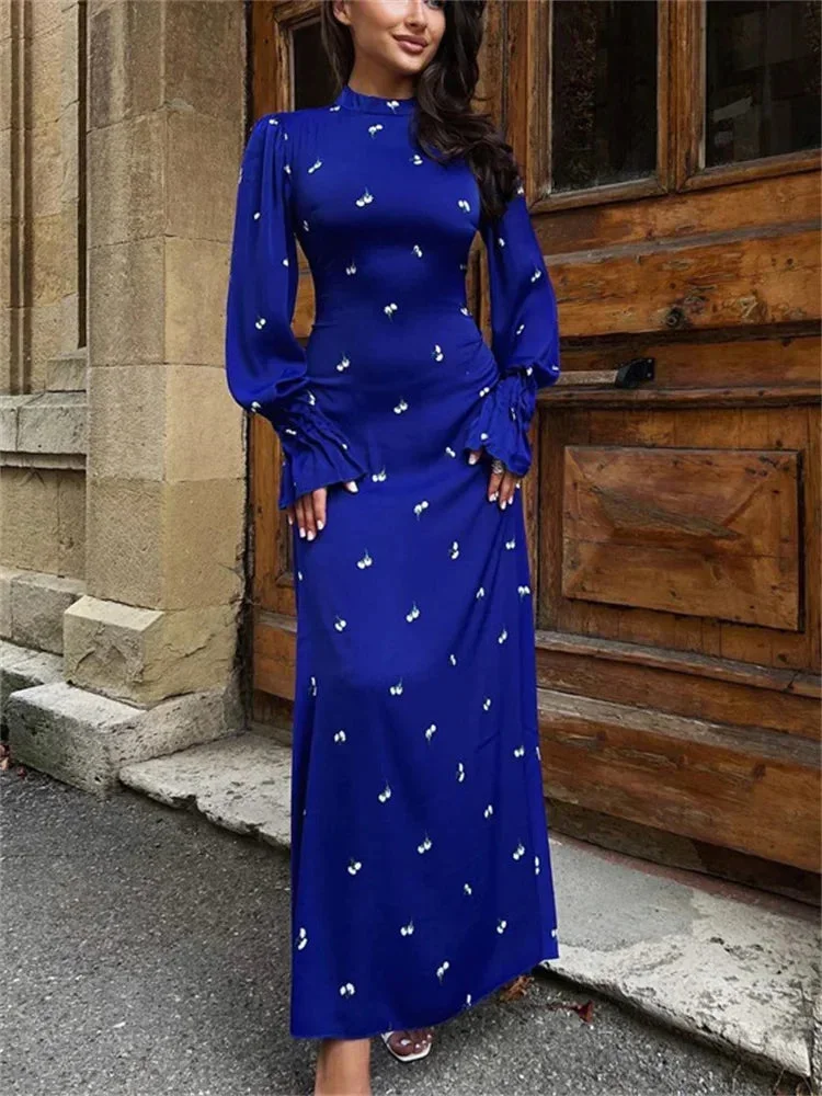 Huiketi Printed Bandage Fashion Long Dress Ladies Elegant Satin High Street Party Dress Casual Long Sleeve Patchwork Maxi Dress