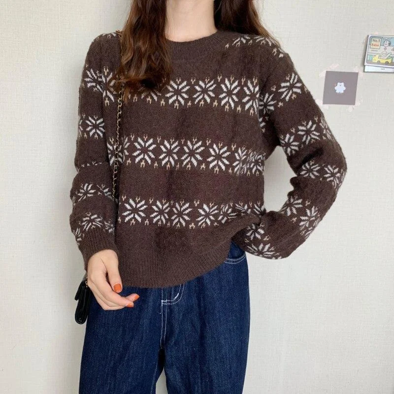 Autumn And Winter Retro Lazy Harajuku Long Sleeve Women'S Sweater Top Snowflake Striped Loose Sweater Women