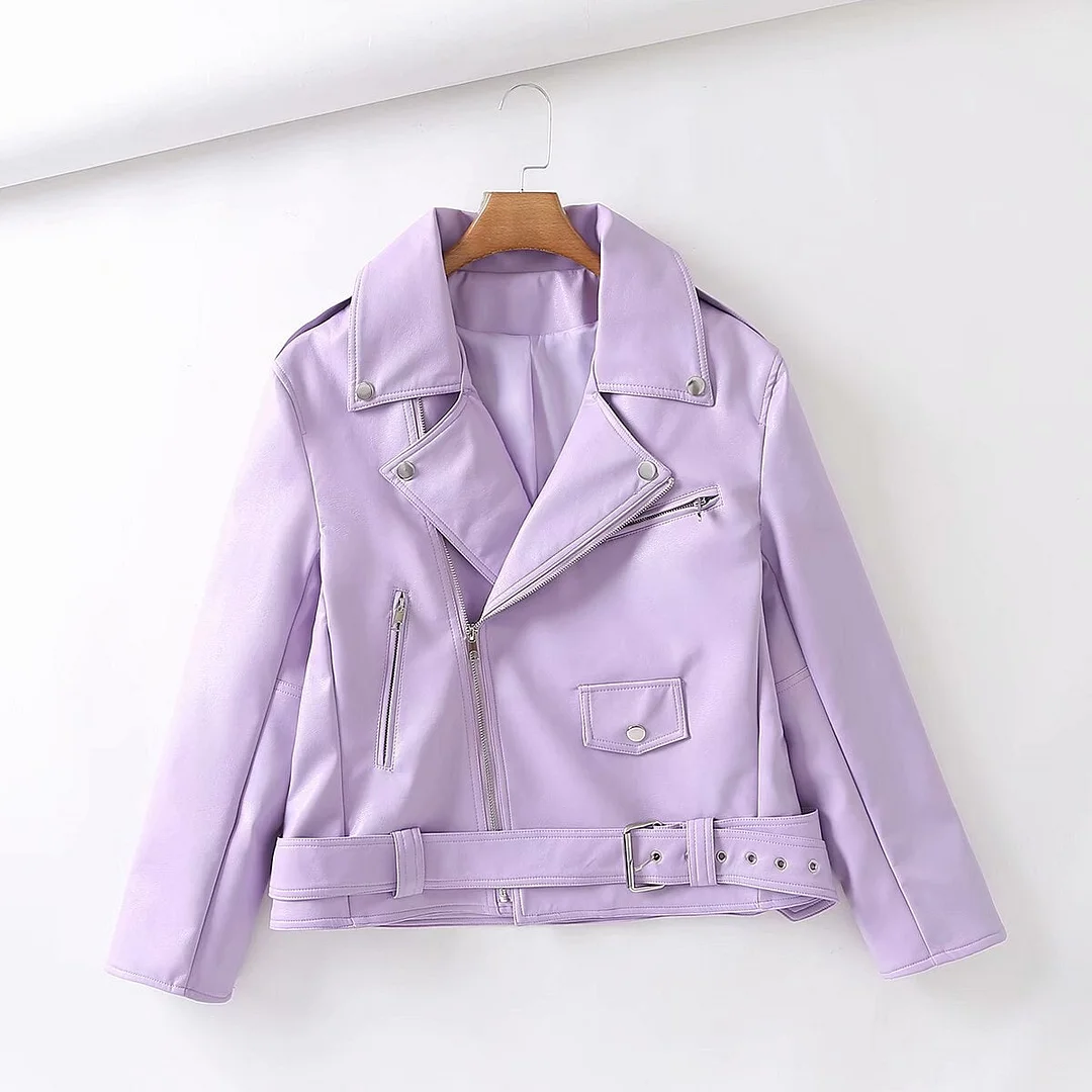 FTLZZ Spring Autumn Women Faux Leather Jacket Streetwear Lapel Oversized Purple Pu Leather Loose Coat with Belt Lady Outwear