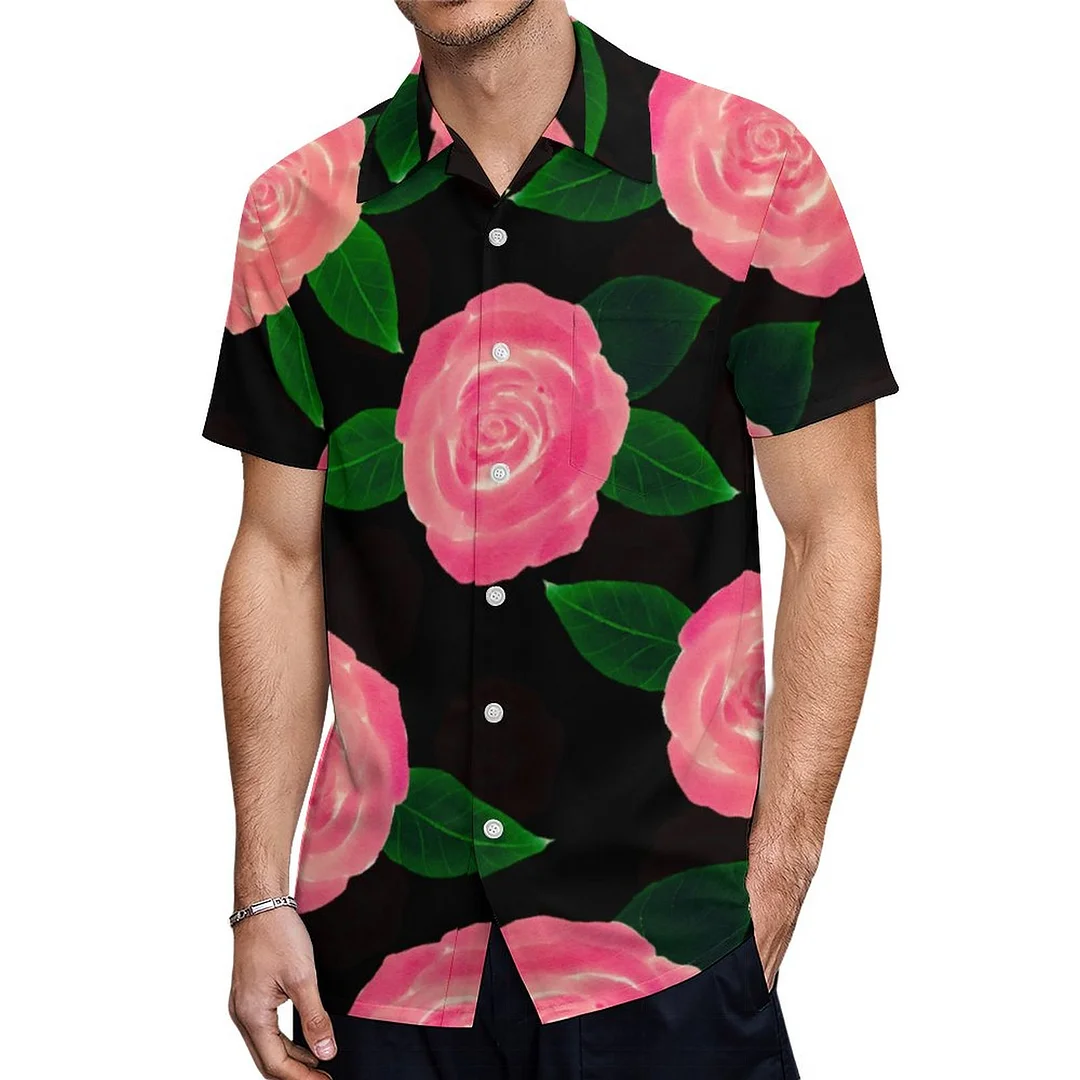 Short Sleeve Pink Roses Watercolor Black Hawaiian Shirt Mens Button Down Plus Size Tropical Hawaii Beach Shirts