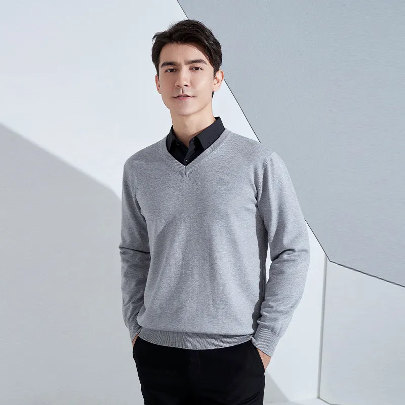 Churchf Churchf And Winter New Men's V Collar Loose Large Size Gentleman Sleeve Long Sleeve Sweater Middle-Aged Knit Chicken Heart Collar Bottom Shirt