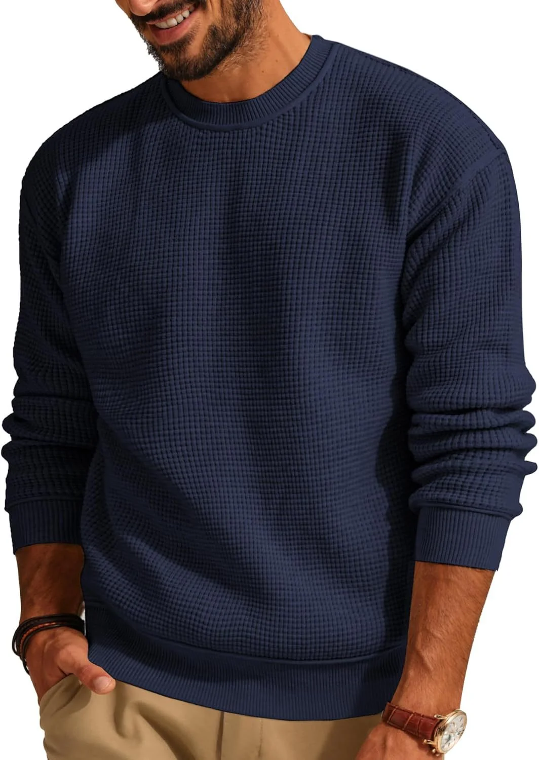 Wongn Wongn Solid Color Round Neck Sweater Jumsweater Men's Sweater Waffg Casual Men's Wear