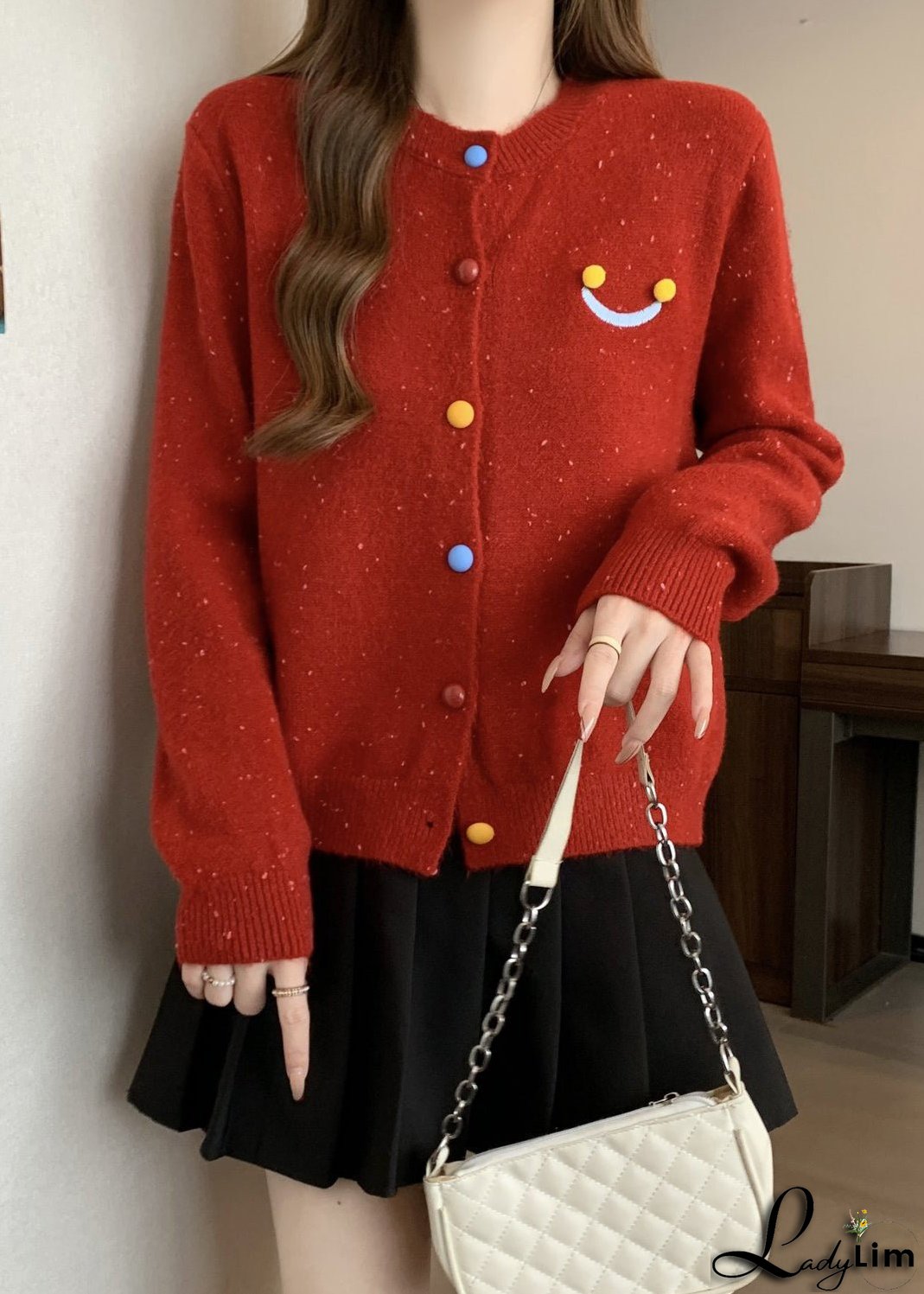 French Red O Neck Button Knit Cardigans Winter