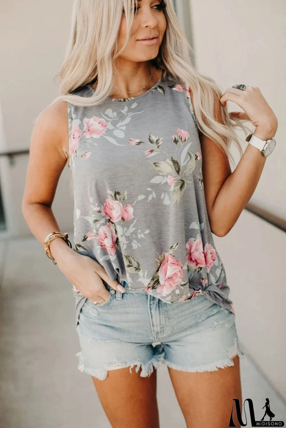 MidiSono - Floral Print White Tank Top