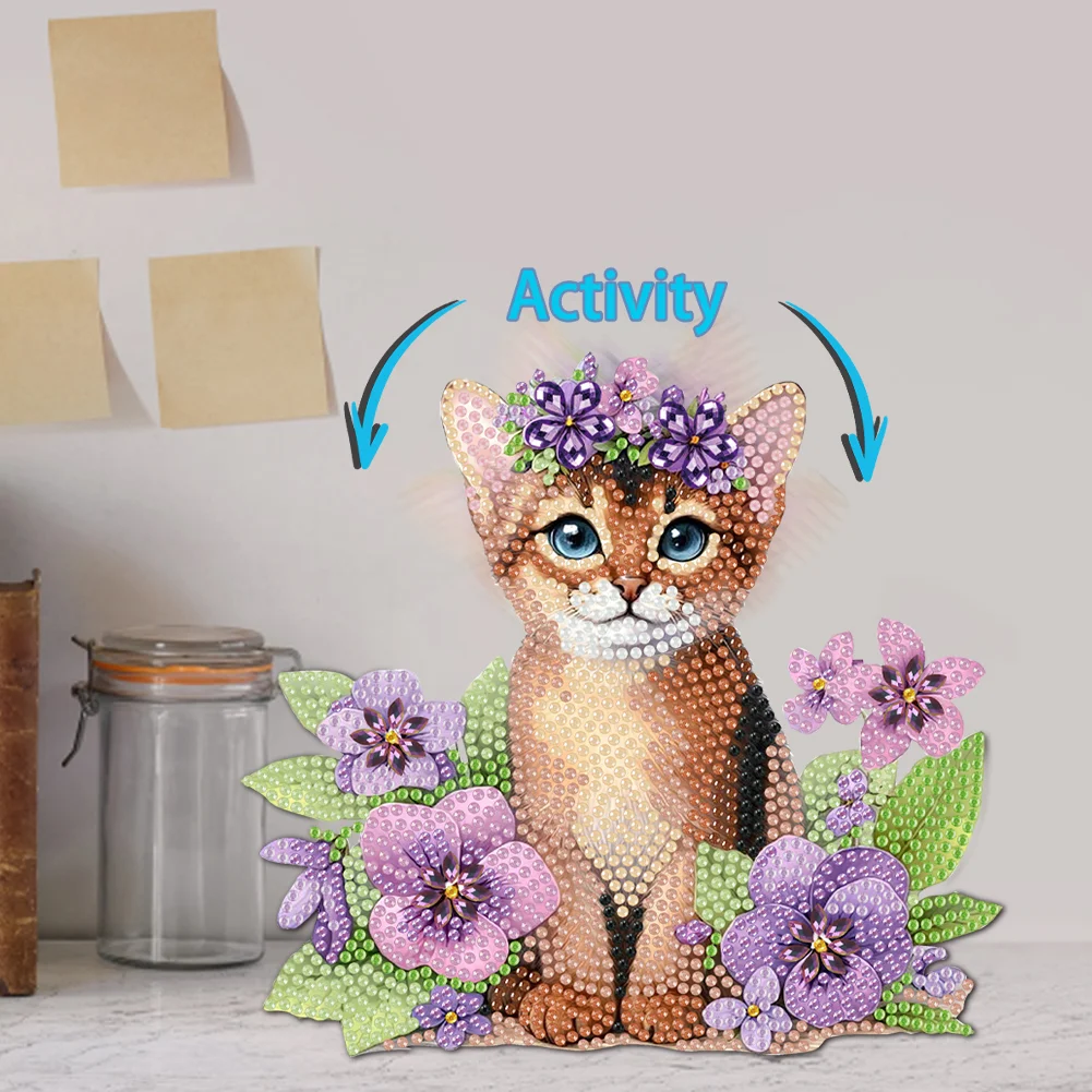 2D Flat Cat DIY Shaking Head Cat Purple Flower Diamond Painting Desktop Decor