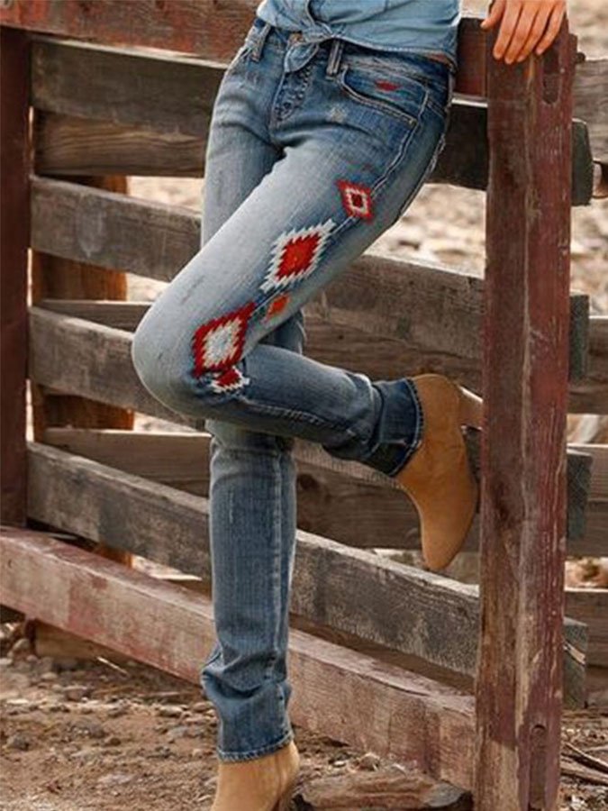 Casual Geometric Embroidered Jeans