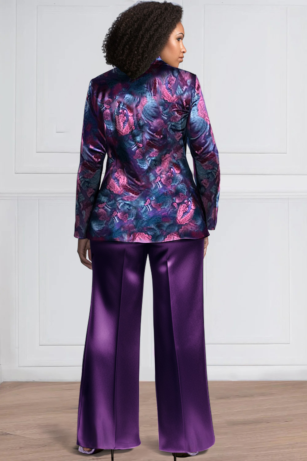 Design Plus Size Daily Pant Sets Elegant Purple Tribal Fall Winter Turndown Collar Long Sleeve Pocket Satin Blazer Suit Two Piece Pant Sets (Without Inner) [Pre-Order]