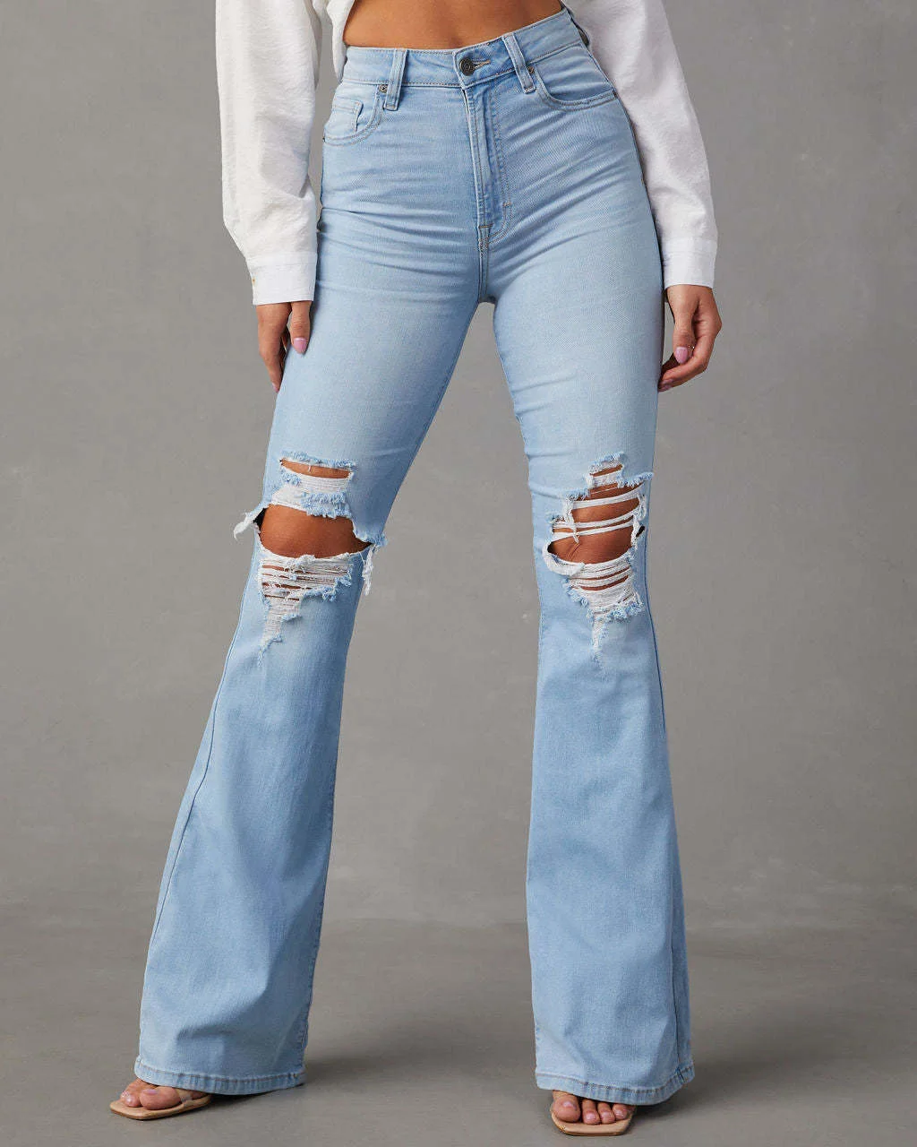 Women's High Waist Jeans Ripped Cowgirl Flared Denim Jeans