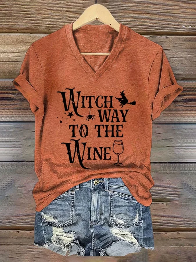 Women's Wicth Way To The Wine Print V-Neck T-Shirt