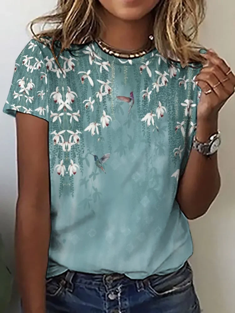 Printed Short Sleeve Casual T-shirt for  Women and Men Unisex Pattern Floral, Blue, White