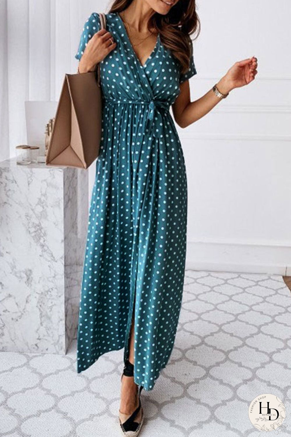 Fashion Sexy Dot Slit V Neck Printed Dresses