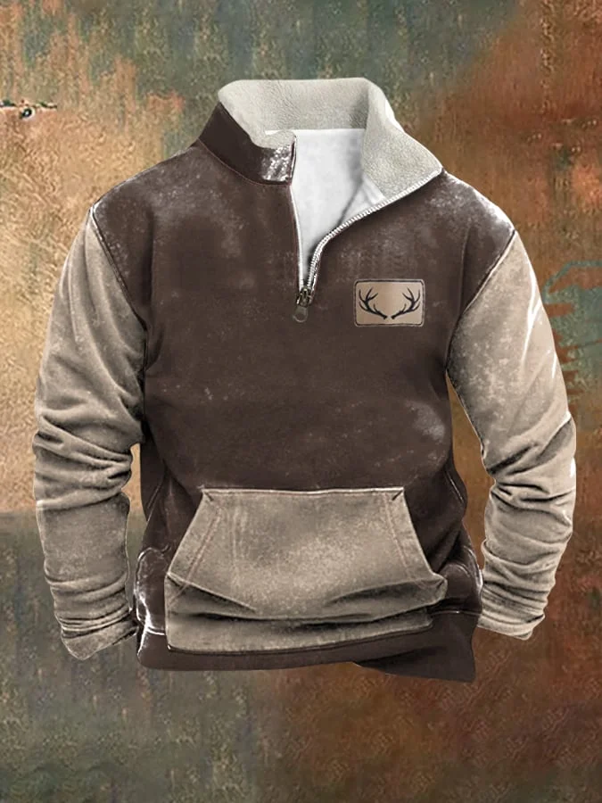 Men's Fleece Vintage Western Antler Hunting Enthusiast Fur Collar Zipper Sweatshirt