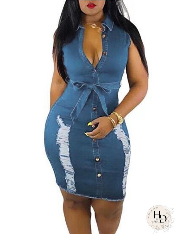 Distressed Denim Button Sleeveless Frayed Mini Dress With Belt for Women