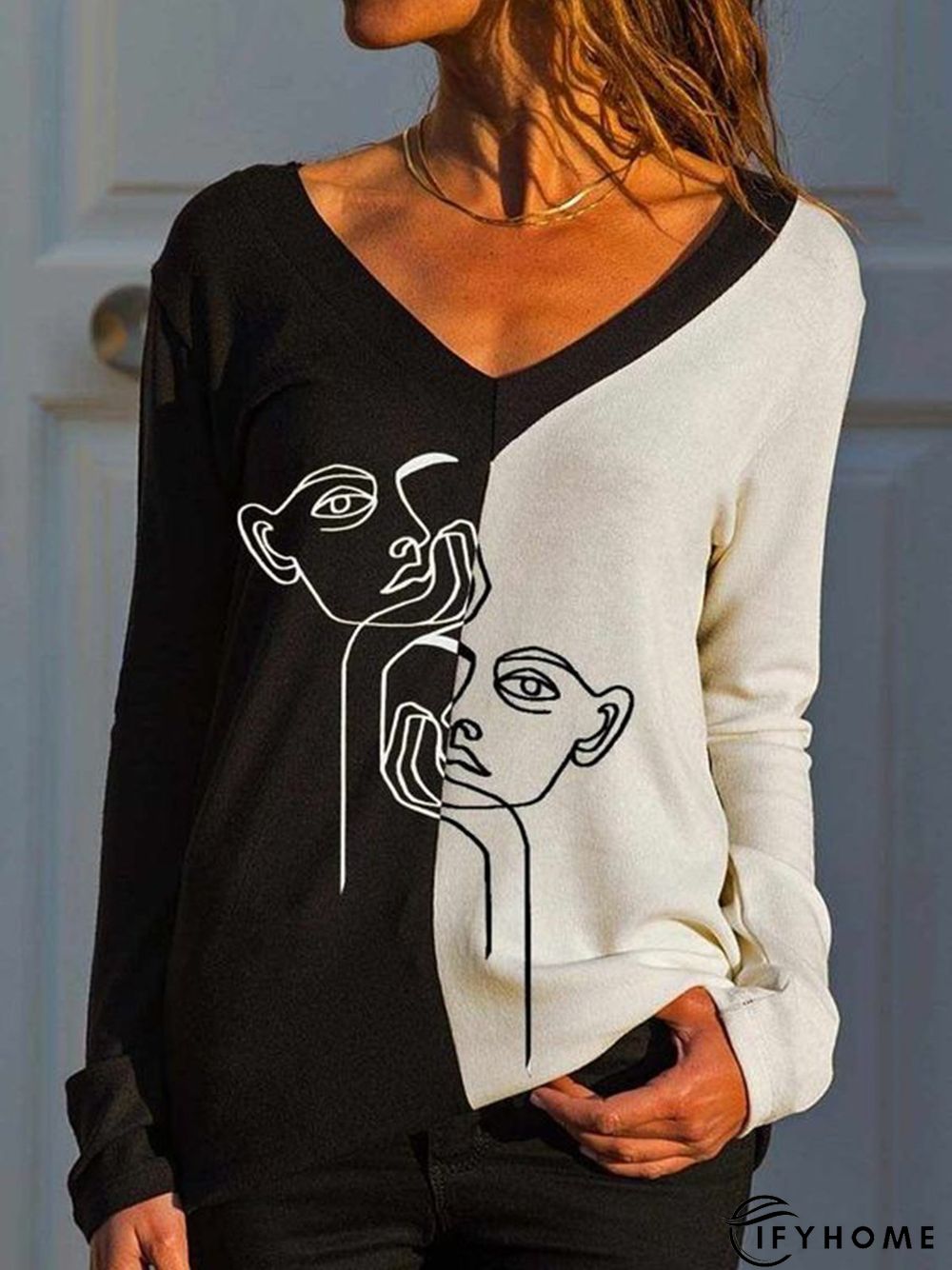 Black-white Art Printed Color Block V Neck Shift Casual Long Sleeve Tunic Top | IFYHOME