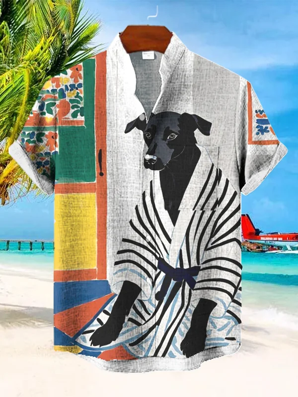 Men's Black Dog Wearing Robe Art Print Short Sleeve Shirt