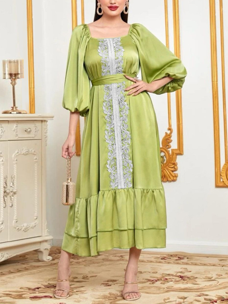Embroidery Puff Sleeve Square Neck Green Dress | Oxredo Shop Ramadan Sale