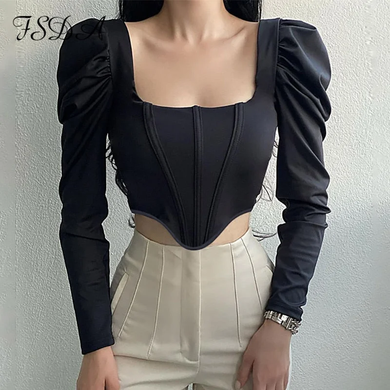 FSDA 2021 Autumn Winter Corset Crop Top Women Tube Bustier Black Khaki Sexy Casual Y2K Long Sleeve T Shirts Party Fashion