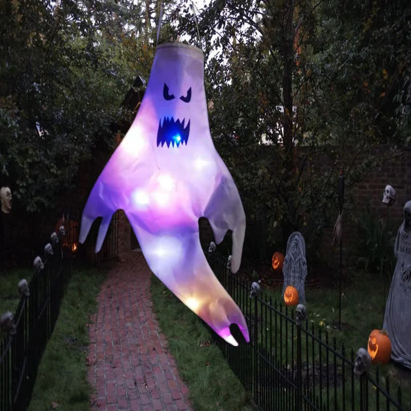 51.2*23.6 inches Halloween Ghost Windsocks Hanging Decoration - LED Lighted Flag Wind Socks